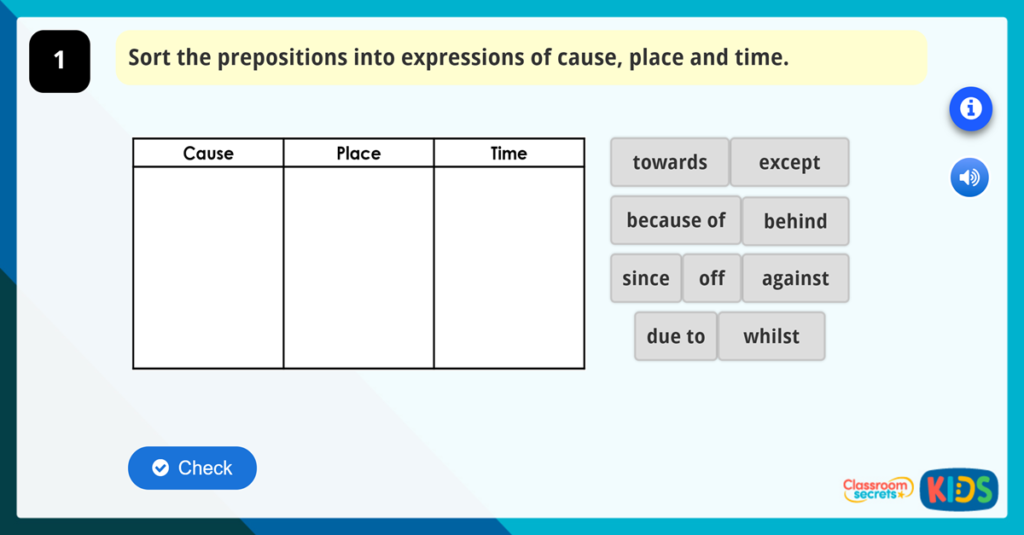 Year 3 GPS Using Prepositions to Express Time, Place and Cause