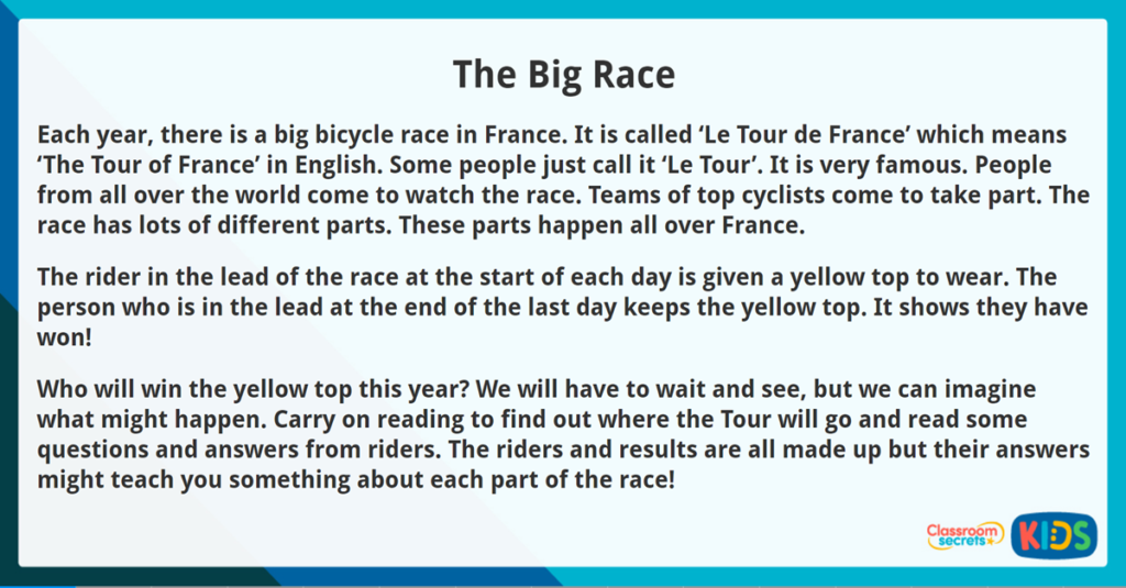 Year 3 Non Narrative Reading Comprehension The Big Race