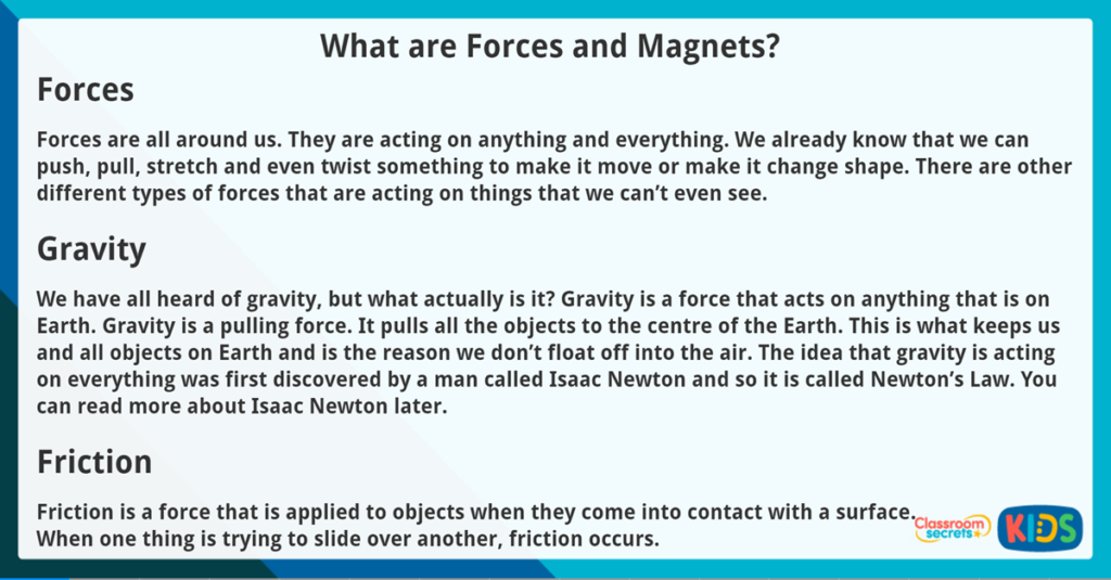 Year 3 Reading Comprehension What are Forces and Magnets
