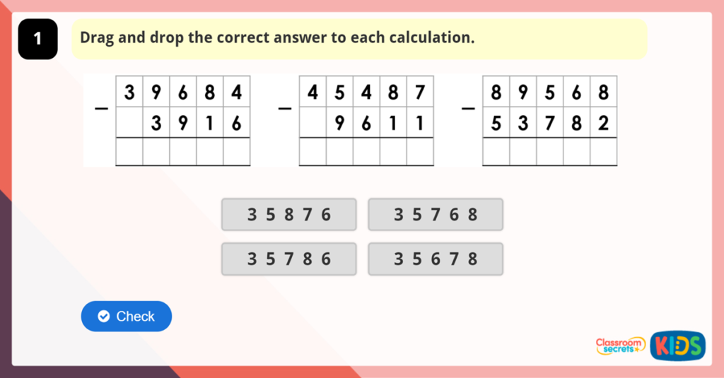 Year 5 Subtract Whole Numbers with More than 4 Digits Game