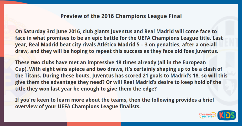 Year 6 Football Match Preview Reading Comprehension