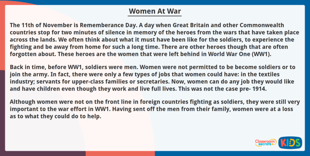 Year 6 Reading Comprehension Women at War