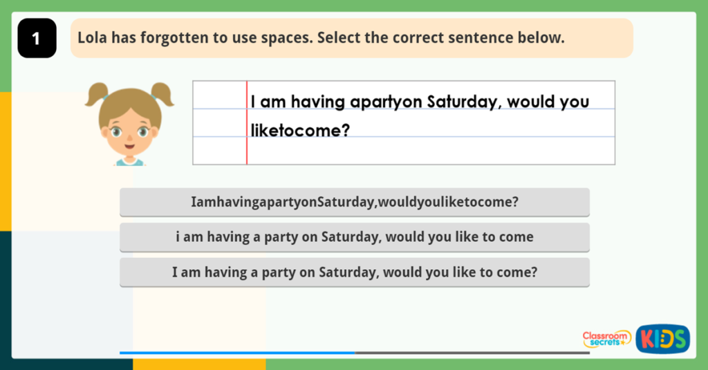 Year 1 Leaving Spaces Between Words Games and Questions