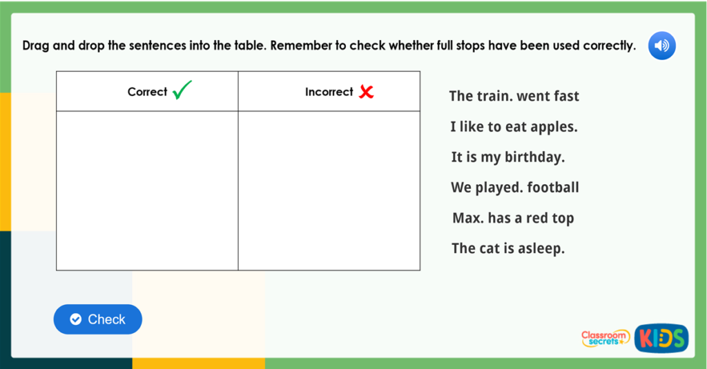 Year 1 Full Stops Activity