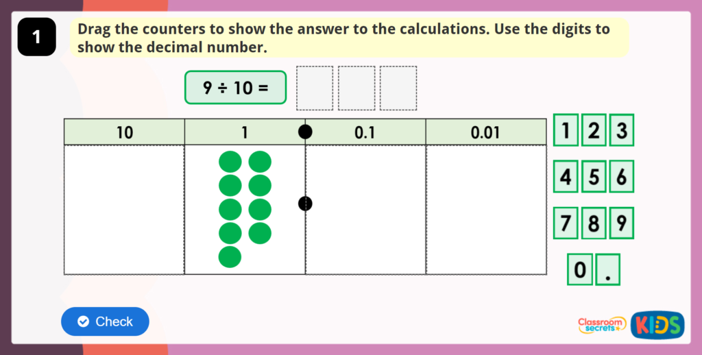Year 4 Divide 1 and 2 Digits by 10 Game