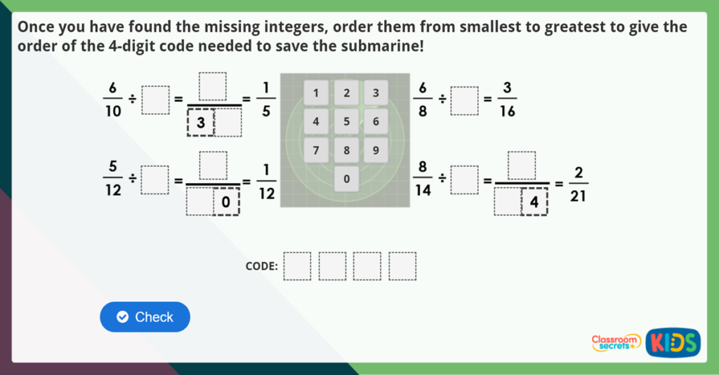 Year 6 Divide Fractions by Integers Challenge