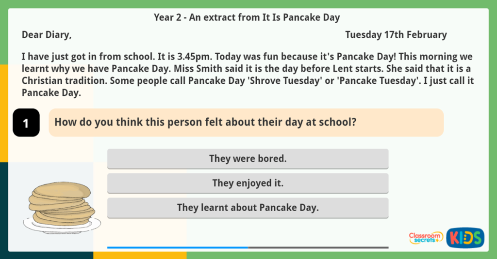 Year 2 Reading Questions on inference using a diary extract