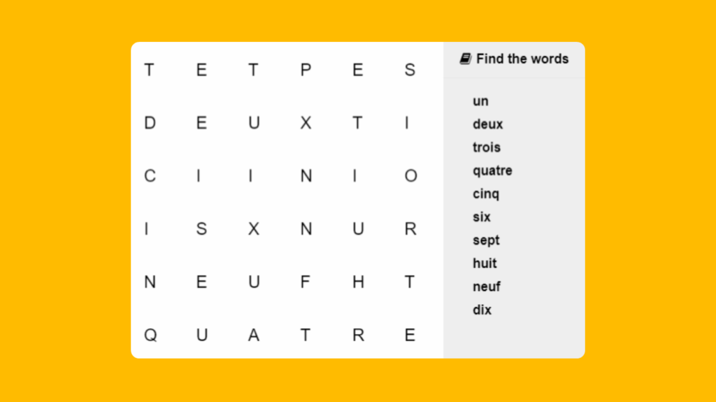 French Numbers to 10 word search
