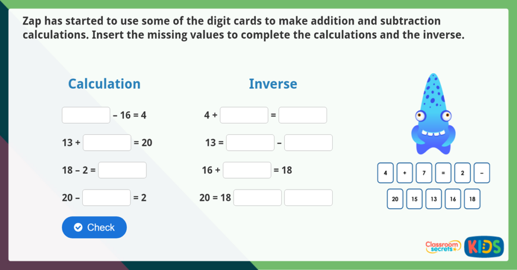 Year 2 use the inverse relationship challenge activity