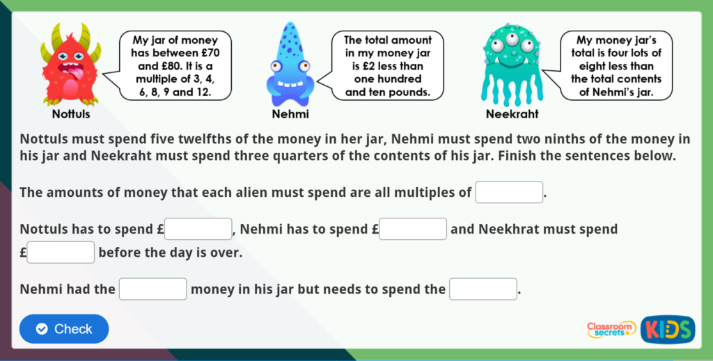 Year 4 Solve Problems with Fractions Maths Challenge