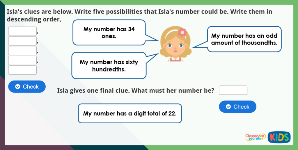 Year 5 Numbers with 3 Decimal Places Maths Challenge