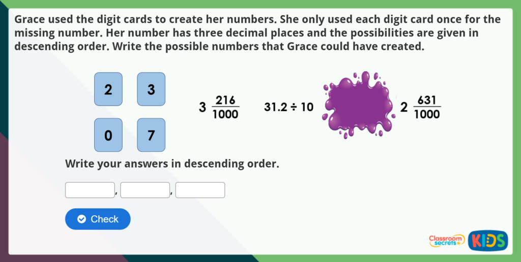 Year 5 Read, Write, Order and Compare Decimals Maths Challenge