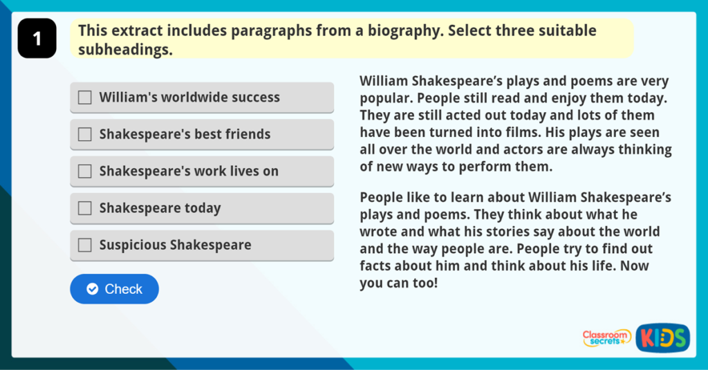 Year 3 Headings and Subheadings Activity