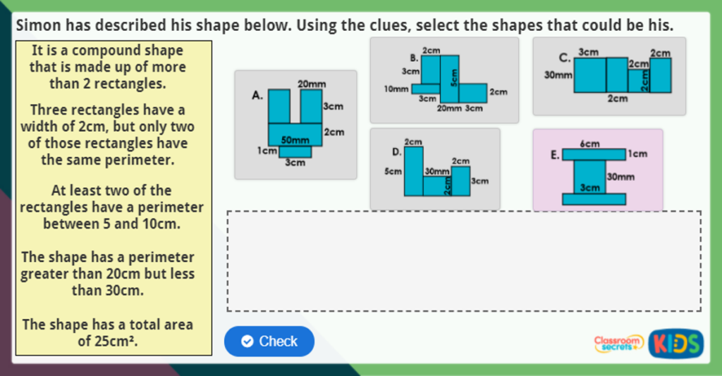 Shapes with the Same Area but with different Perimeters Maths Activity