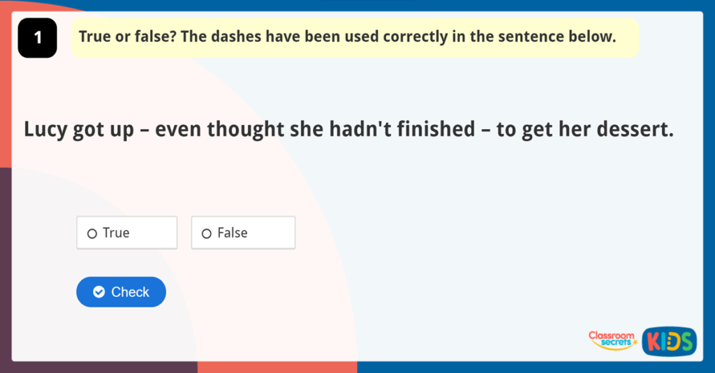 Year 6 Using Dashes to Mark Boundaries Game