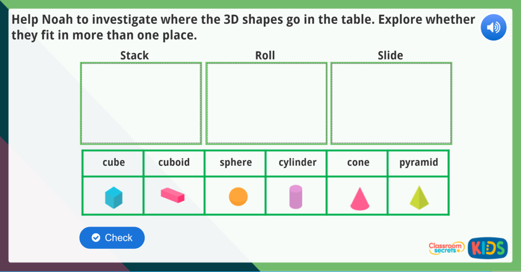 Year 1 Sort 3D Shapes Maths Challenge