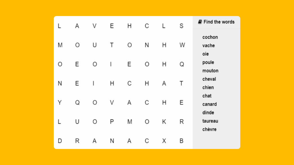 French Farm Animals Word Search