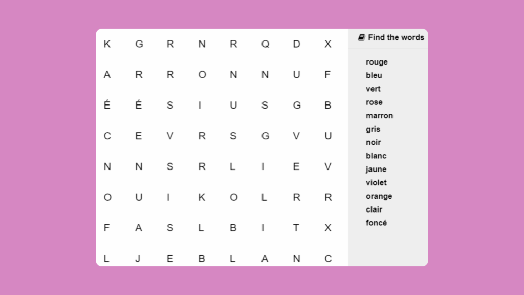 LKS2 French Colours Find the Words