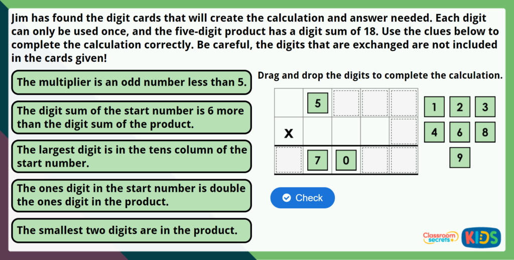 Year 5 Multiply 4 Digits by 1 Digit Maths Challenge