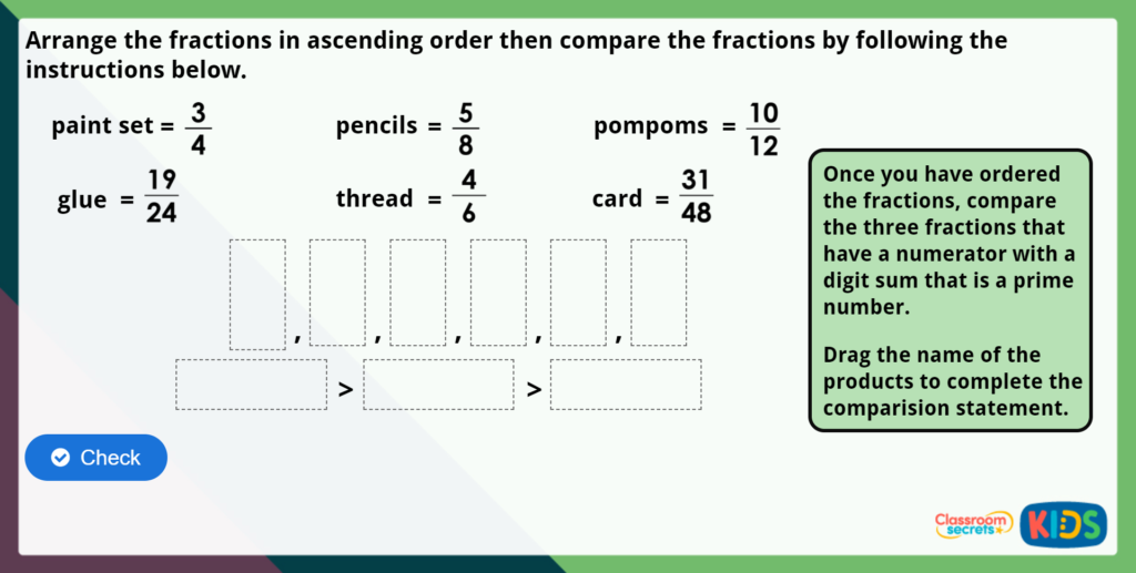 Year 5 Compare and Order Fractions Less Than 1 Maths Challenge