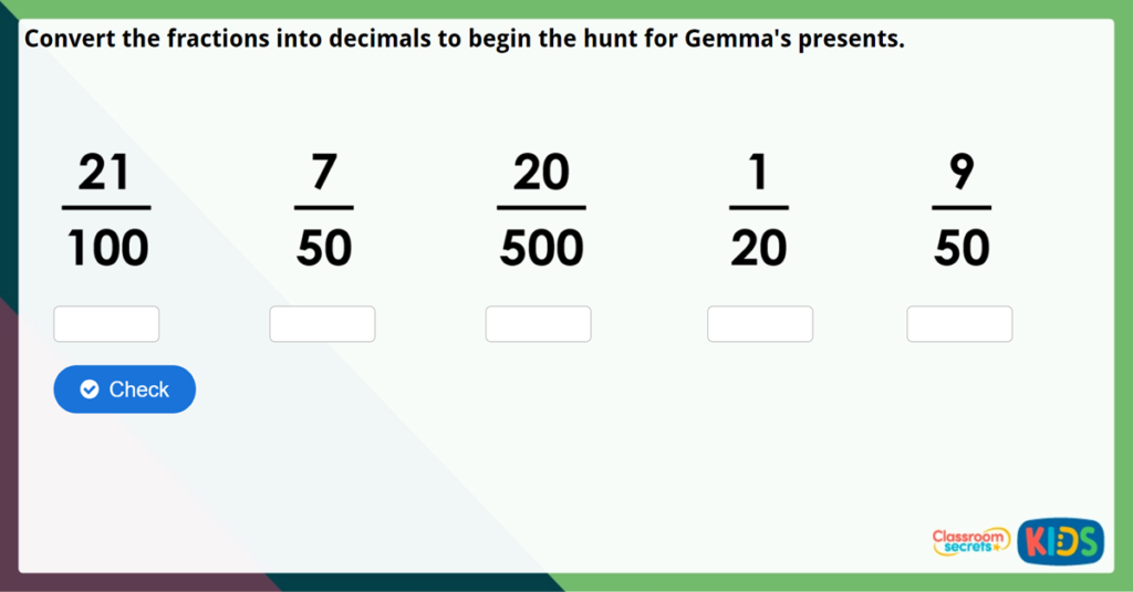 Year 6 Fractions to Decimals 1 Challenge