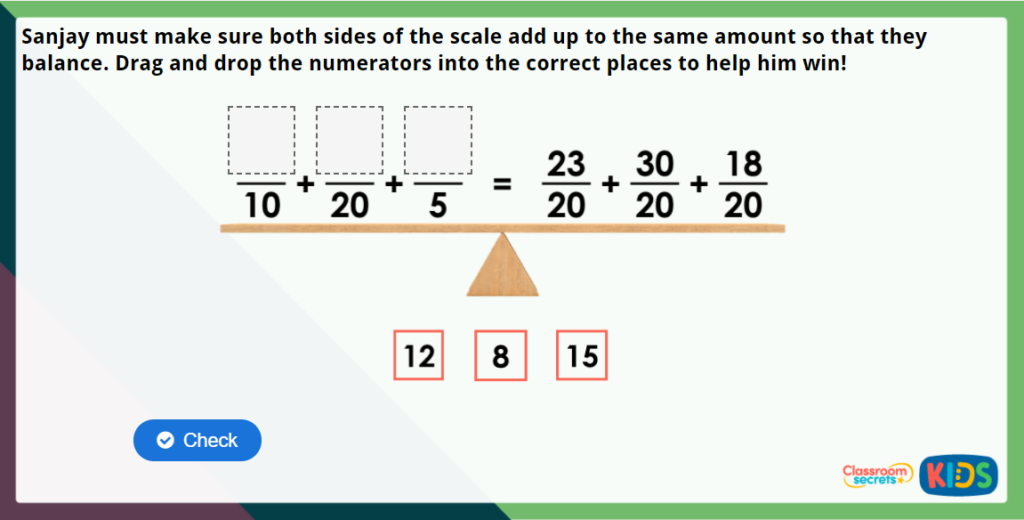 Year 4 Add 2 or More Fractions Maths Challenge