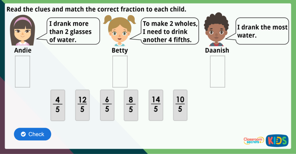 Year 4 Fractions Greater Than 1 Maths Challenge