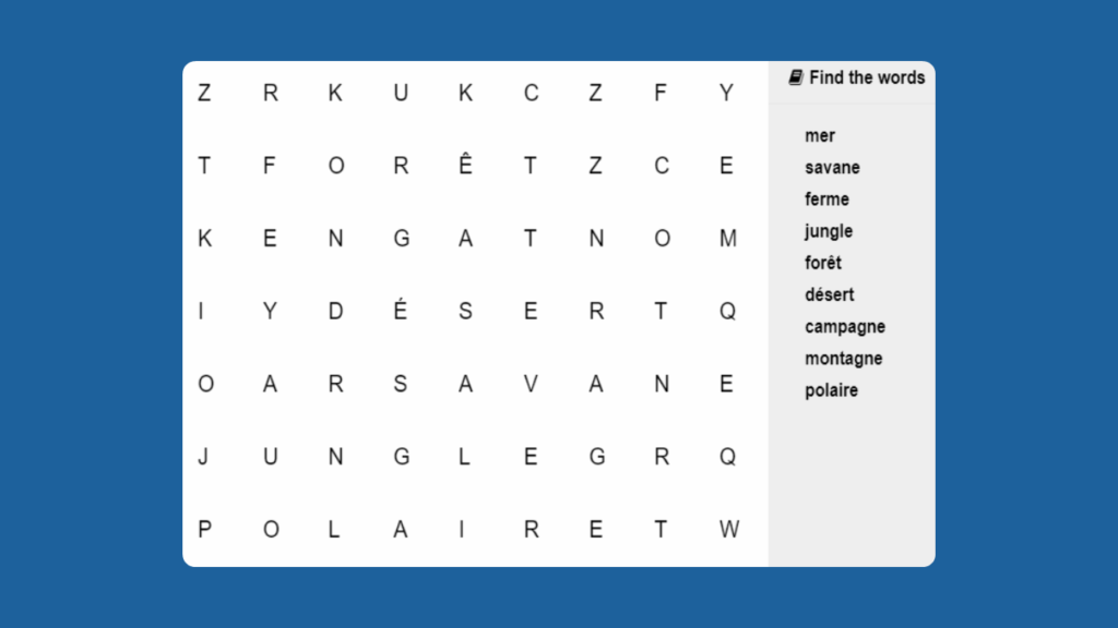KS2 French Animal Habitats Word Search