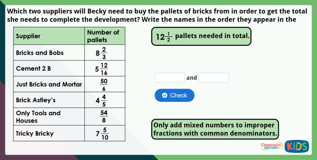 Year 5 Add Mixed Numbers Maths Challenge