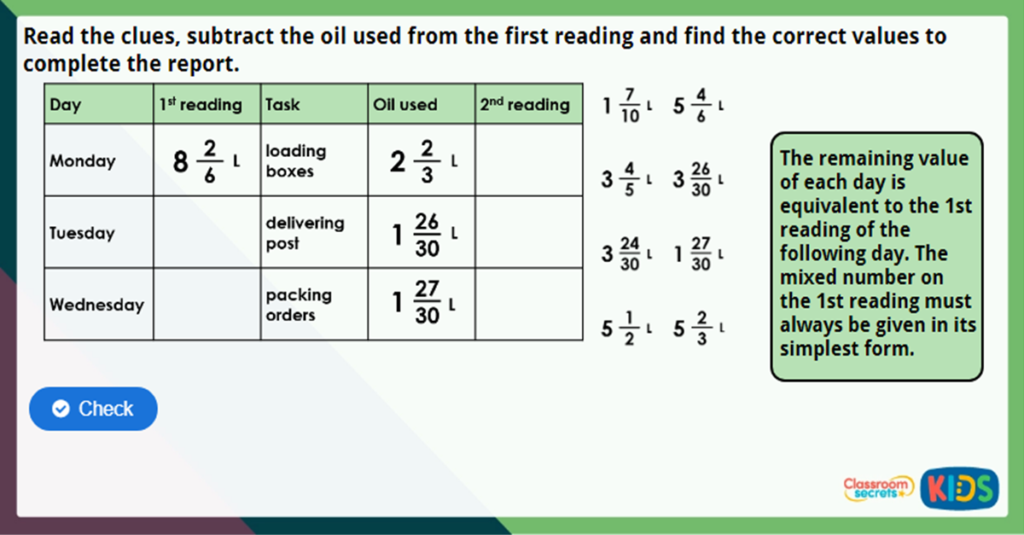 Year 5 Subtract 2 Mixed Numbers Challenge