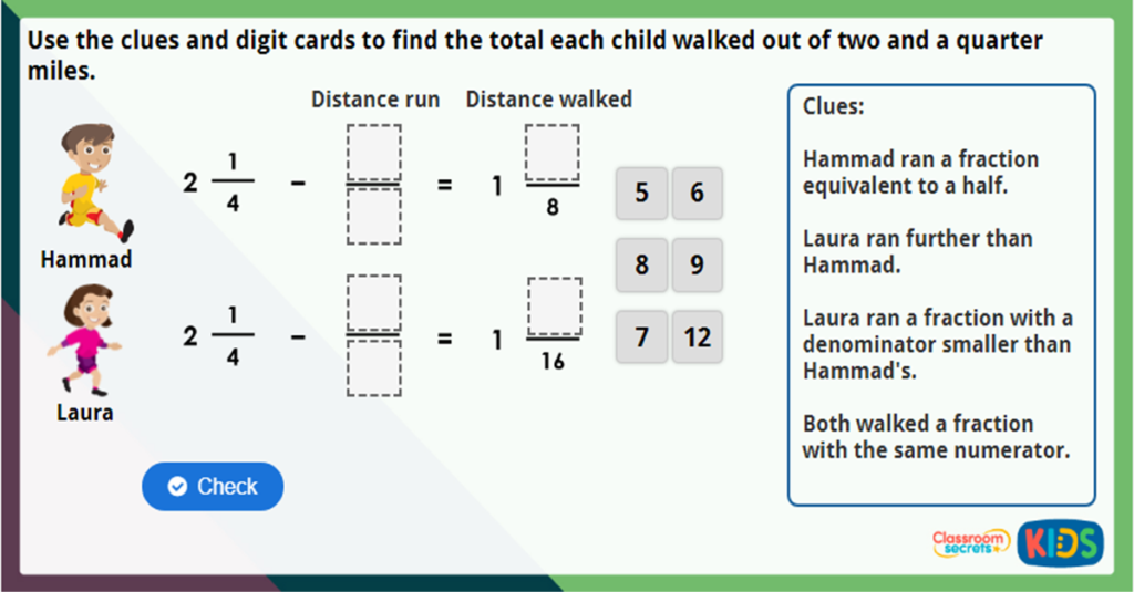 Year 5 Subtract Mixed Numbers 1 Challenge