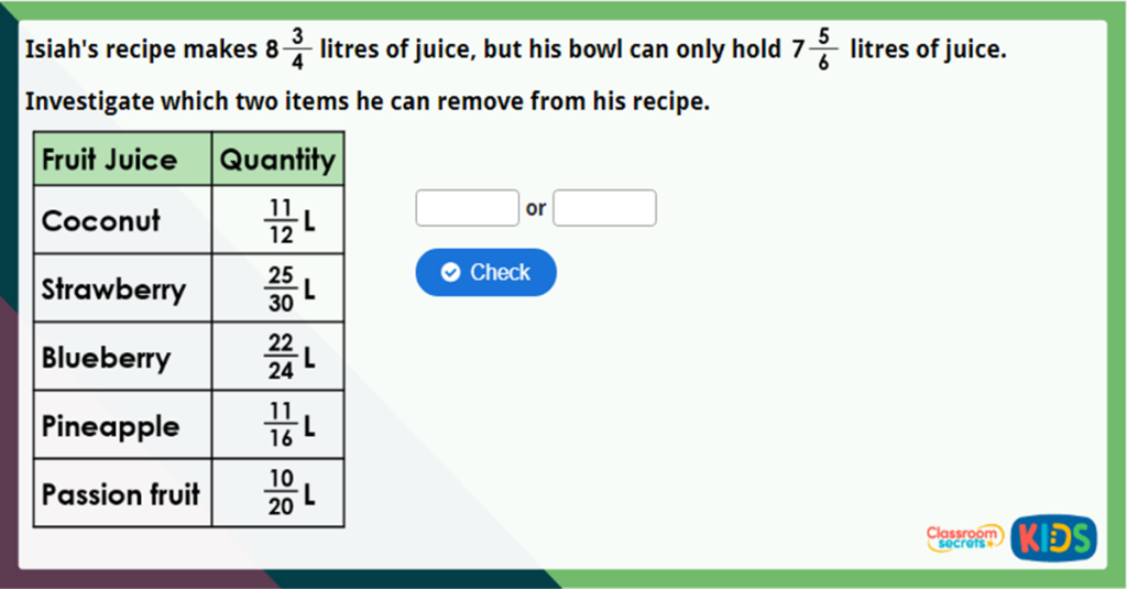Year 5 SUbtract Mixed Numbers 2 CHallenge