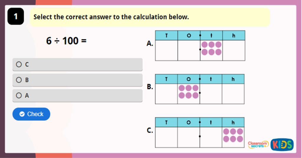 Year 4 Divide 1 or 2 Digits by 100 Game