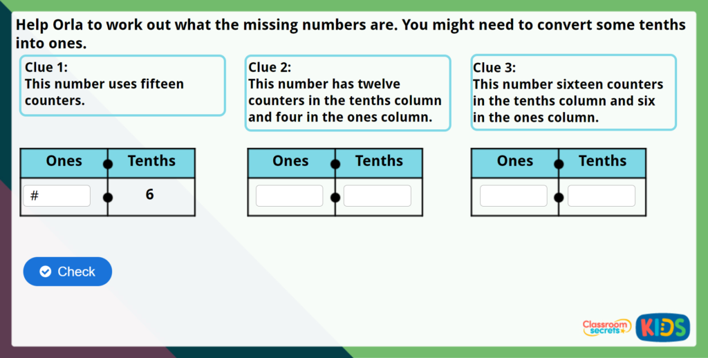 Year 4 Tenths on a Place Value Chart Maths Challenge