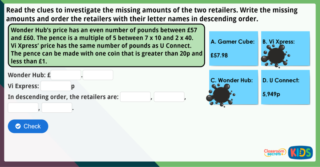 Year 4 Ordering Money Maths Challenge
