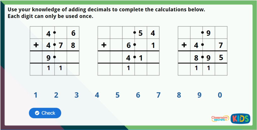 Y5 Adding - Same Decimal Places Maths Challenge