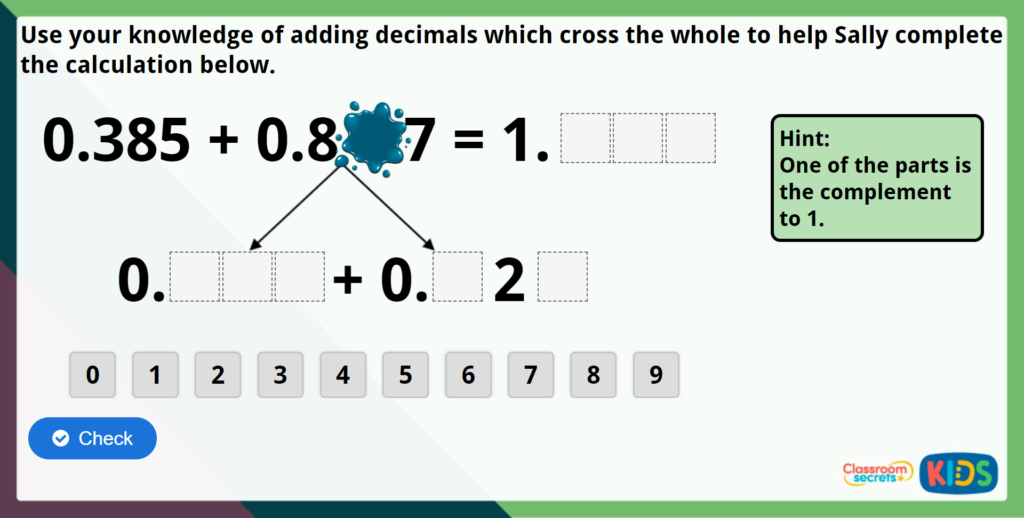 Year 5 Adding Decimals - Crossing the Whole Maths Challenge