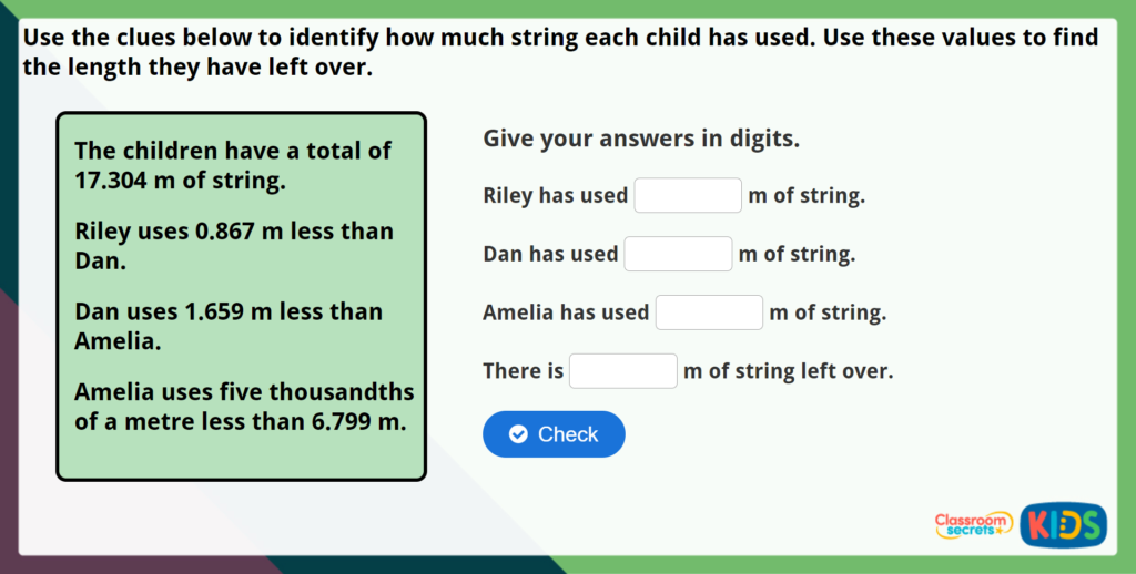 Year 5 Subtract - Same Decimal Places Maths Challenge