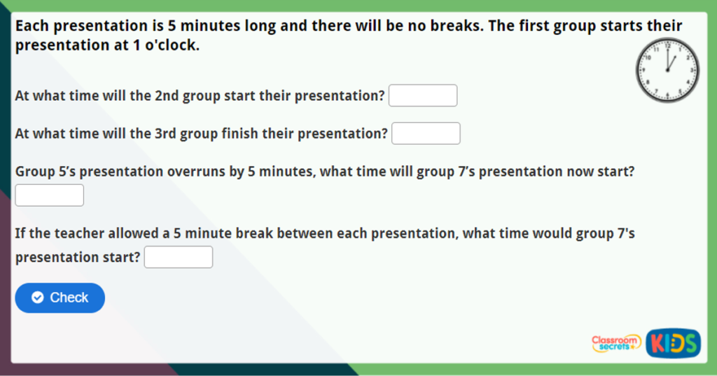 Year 2 Telling Time to 5 Minutes Maths Challenge