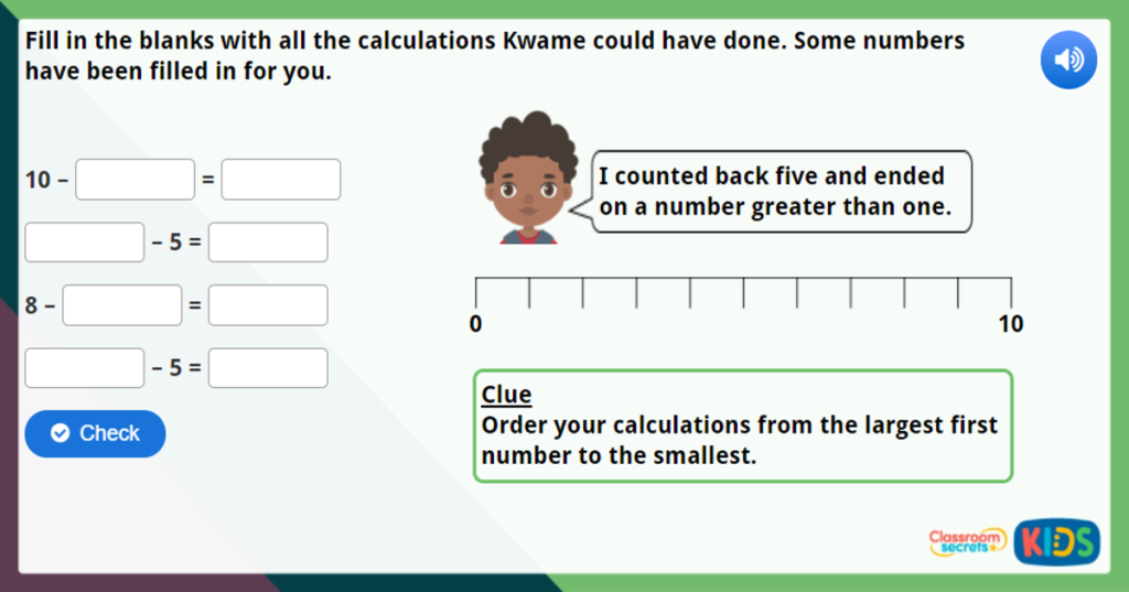 Year 1 Counting Back Maths Challenge