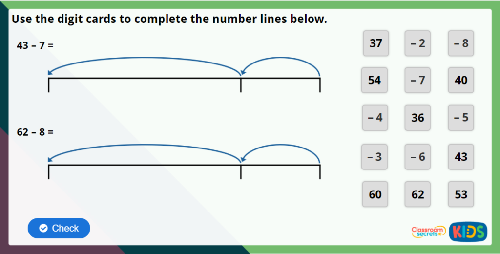 Year-2-Subtract 1 Digit From 2 Digits Maths Challenge