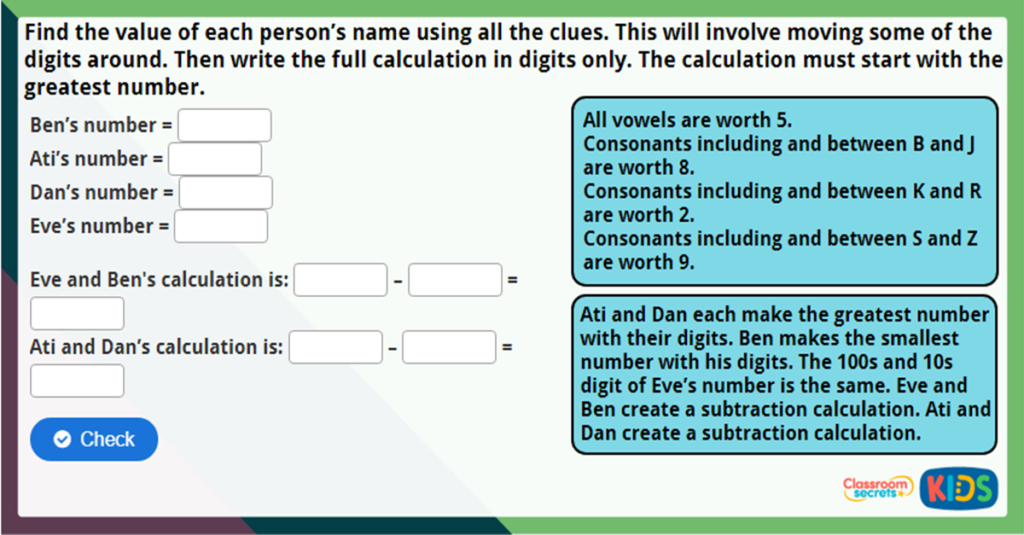 Year 3 Subtract 3 Digits from 3 Digits 1 Maths Challenge