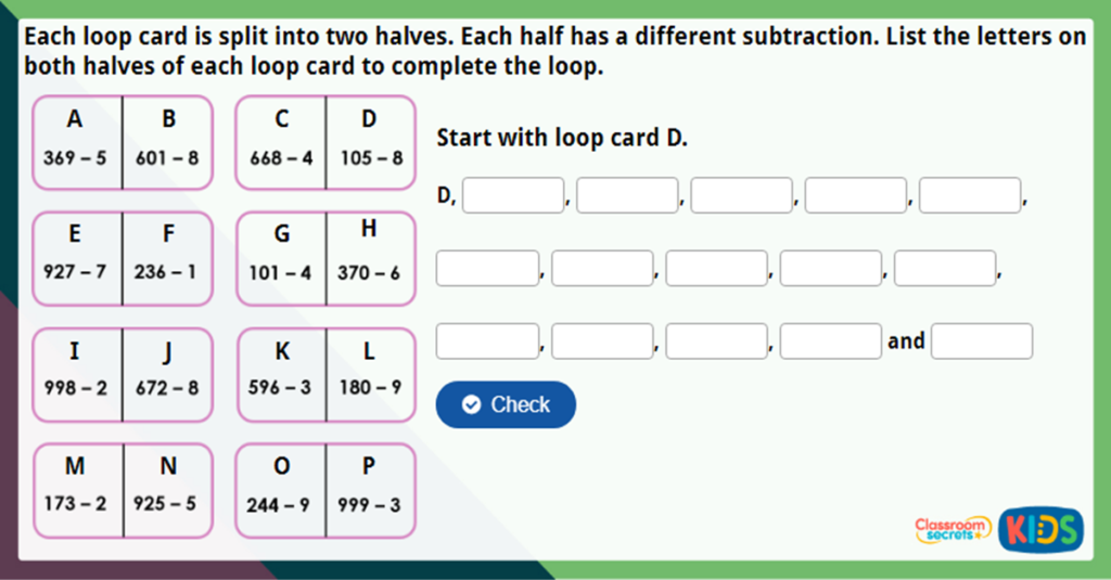 Year 3 Subtract a 1-Digit Number from a 3-Digit Number Challenge