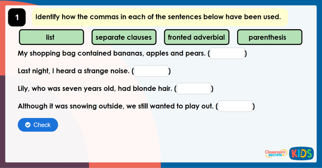Year 5 Using Commas in Lists, Adverbials and Clauses Game