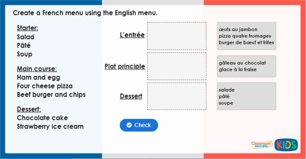 Year 6 French At the Restaurant Game