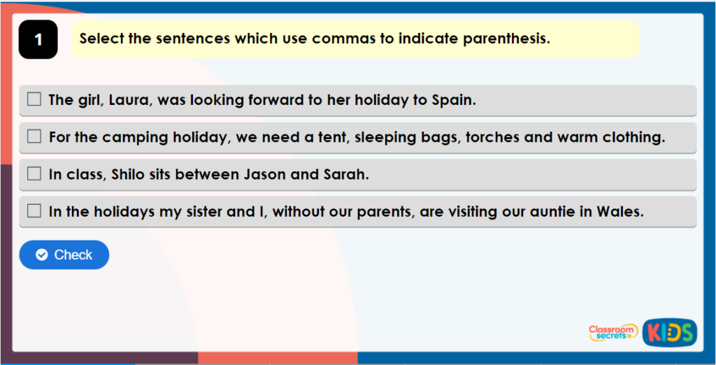Year 5 Commas to Indicate Parenthesis Game Image